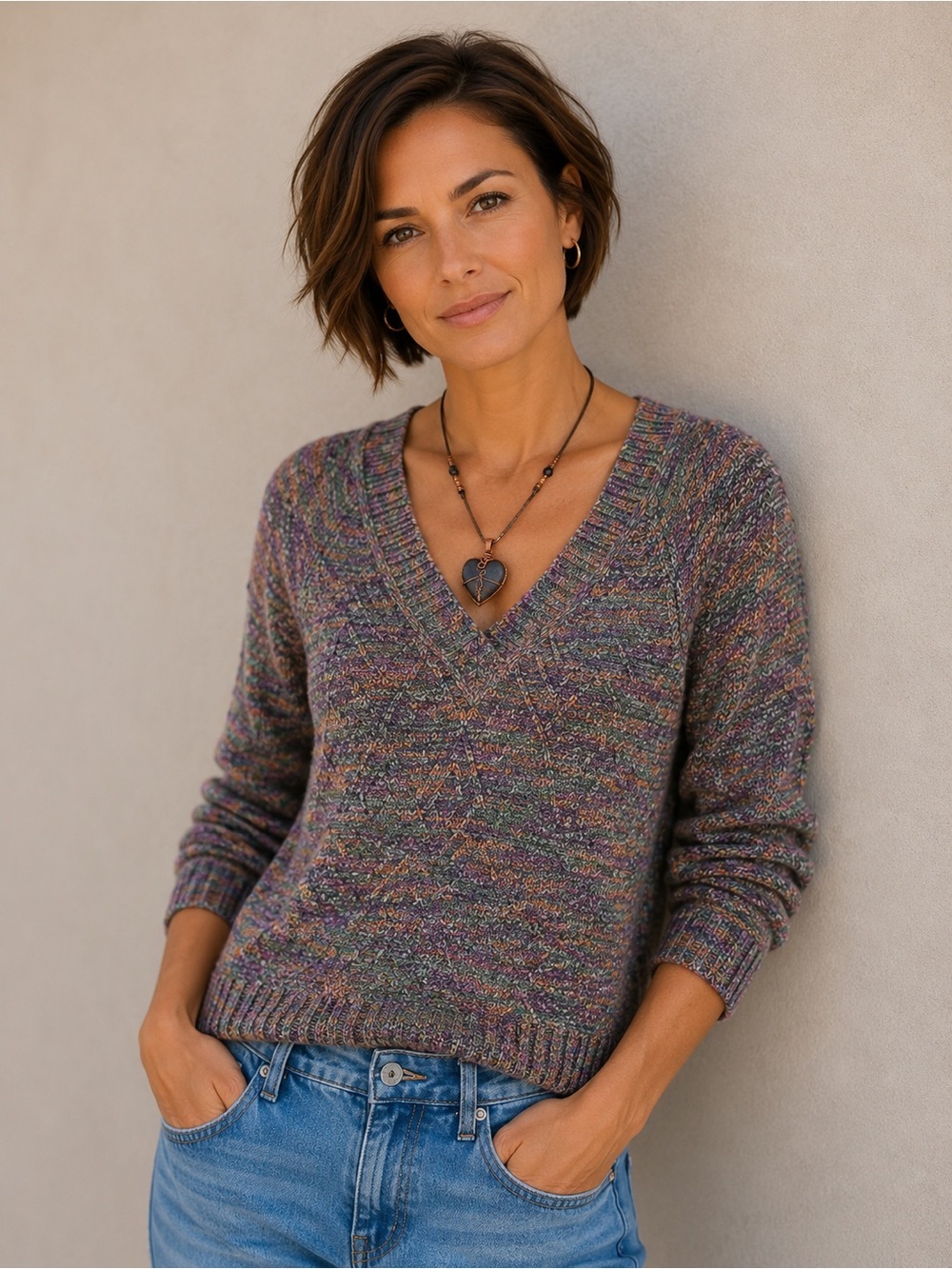 Democracy Multicolored V-Neck Long Sleeve Ribbed Chenille Knit Sweater Polyester